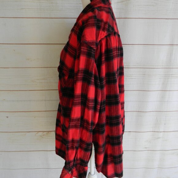 TERRA & SKY RED/BLACK PLAID BUTTON DOWN TUNIC BLOUSE TOP SZ 2X FLANNEL - Picture 2 of 3